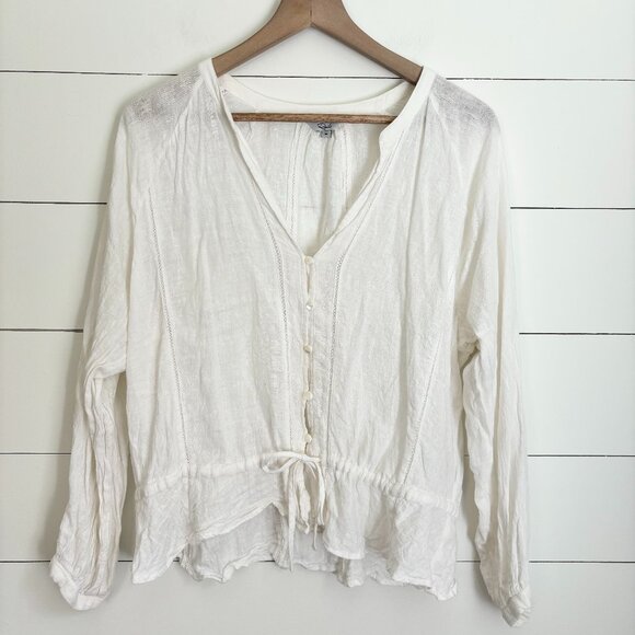 Rails white linen blend button down top with tie at bottom - Picture 1 of 5